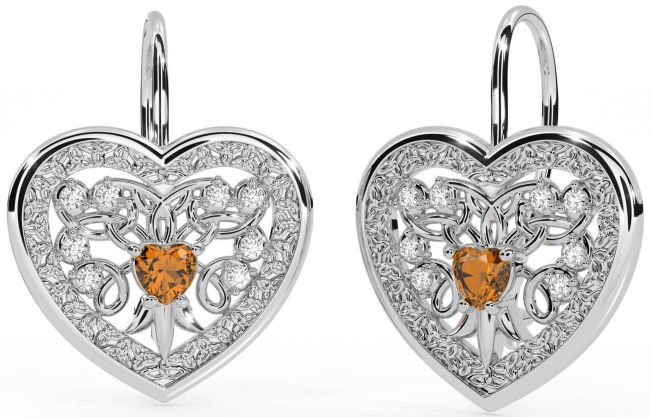 Diamond Citrine White Gold Celtic Heart Dangle Earrings