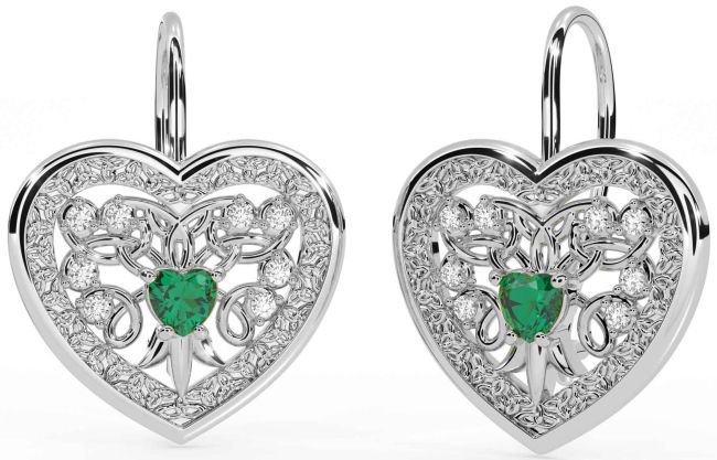 Diamond Emerald White Gold Celtic Heart Dangle Earrings