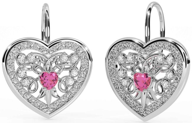 Diamond Pink Tourmaline White Gold Celtic Heart Dangle Earrings