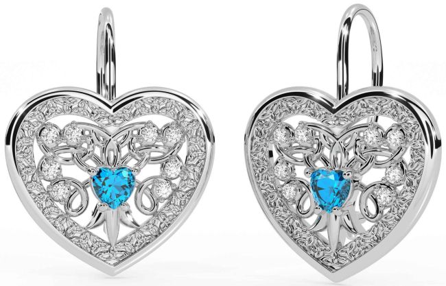 Diamond Topaz White Gold Celtic Heart Dangle Earrings