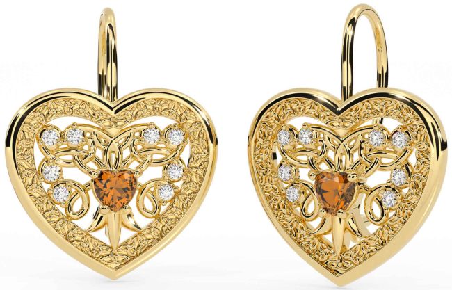Diamond Citrine Gold Celtic Heart Dangle Earrings