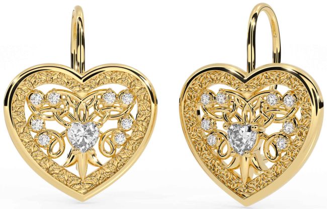Diamond Gold Celtic Heart Dangle Earrings