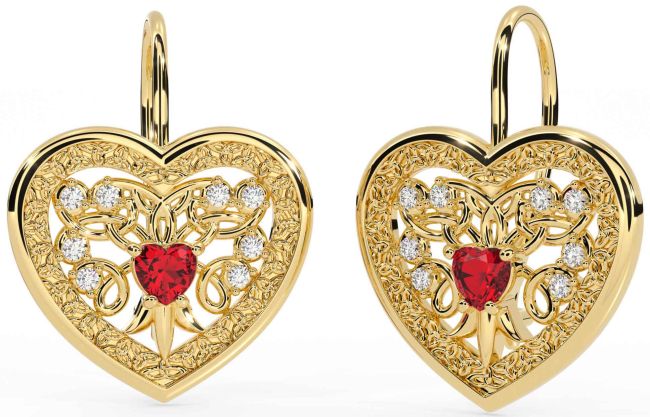 Diamond Ruby Gold Celtic Heart Dangle Earrings