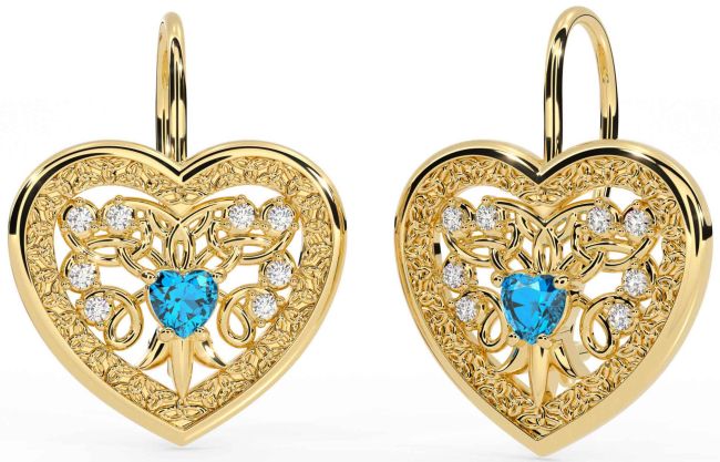 Diamond Topaz Gold Celtic Heart Dangle Earrings