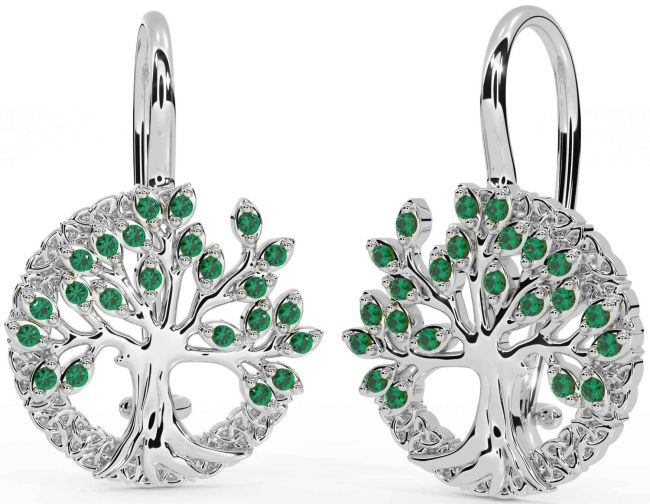 Emerald Silver Celtic Tree of Life Trinity Knot Dangle Earrings
