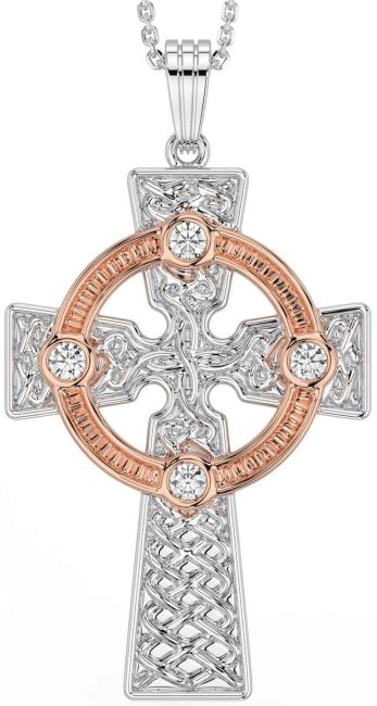 Diamond Rose Gold Silver Celtic Cross Necklace