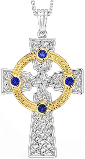 Sapphire Gold Silver Celtic Cross Necklace