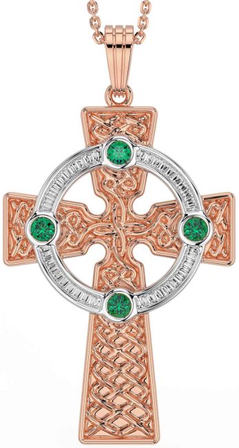 Emerald Rose Gold Silver Celtic Cross Necklace