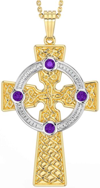 Amethyst Gold Silver Celtic Cross Necklace
