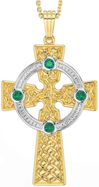 Emerald Gold Silver Celtic Cross Necklace