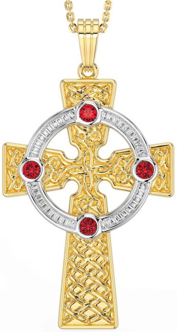 Ruby Gold Silver Celtic Cross Necklace