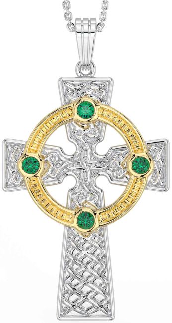 Emerald Gold Silver Celtic Cross Necklace