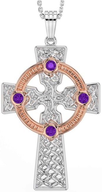 Amethyst White Rose Gold Celtic Cross Necklace