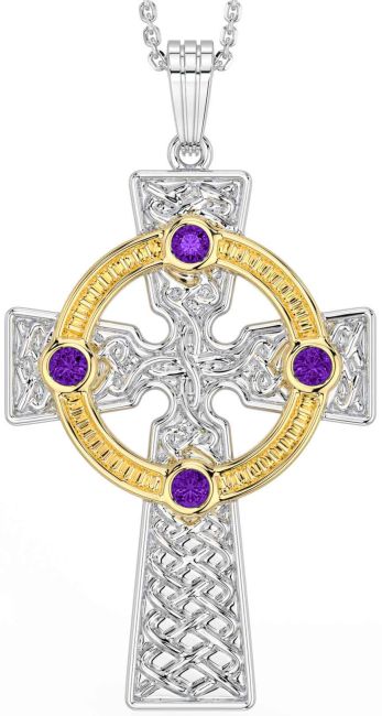 Amethyst White Yellow Gold Celtic Cross Necklace