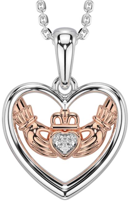 Diamond Rose Gold Silver Claddagh Heart Necklace