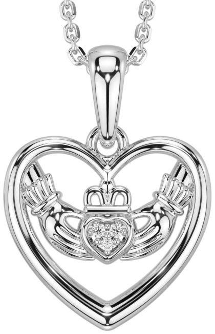 Diamond White Gold Claddagh Heart Necklace