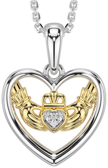 Diamond White Yellow Gold Claddagh Heart Necklace