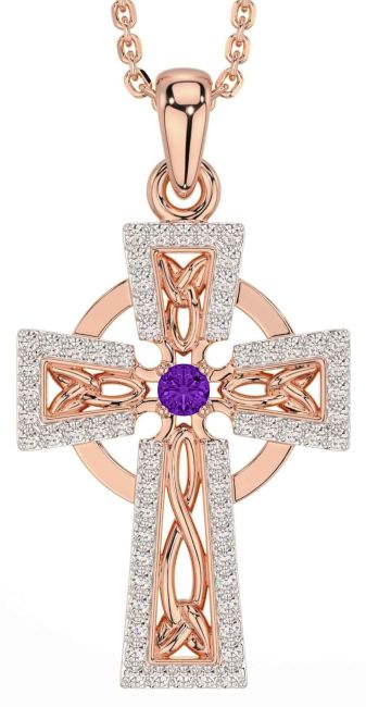 Diamond Amethyst Rose Gold Silver Celtic Cross Necklace