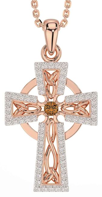 Diamond Citrine Rose Gold Silver Celtic Cross Necklace