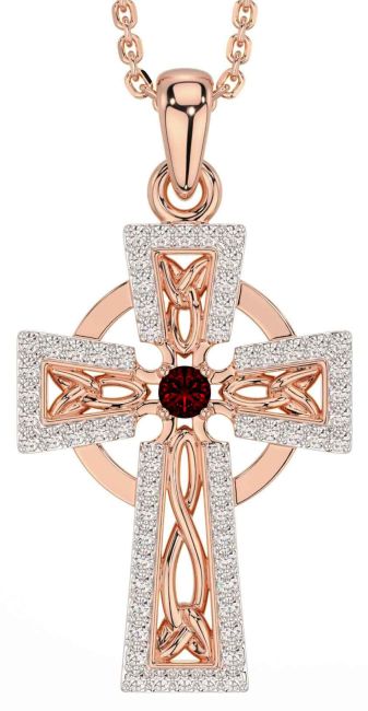 Diamond Garnet Rose Gold Silver Celtic Cross Necklace
