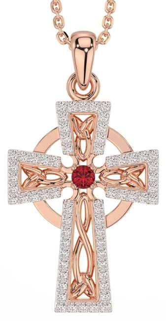 Diamond Ruby Rose Gold Silver Celtic Cross Necklace