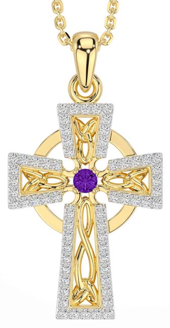 Diamond Amethyst Gold Silver Celtic Cross Necklace