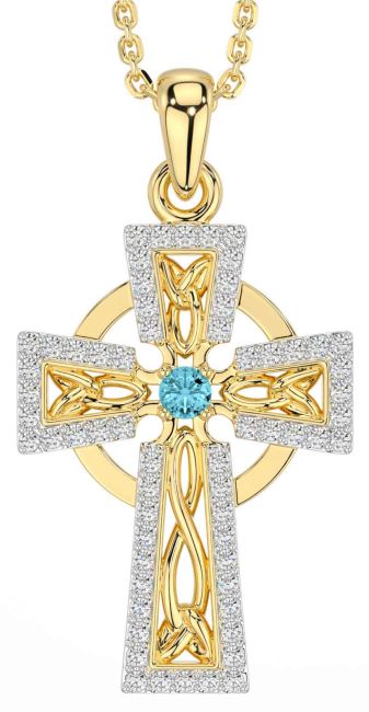 Diamond Aquamarine Gold Silver Celtic Cross Necklace