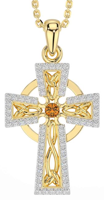 Diamond Citrine Gold Silver Celtic Cross Necklace
