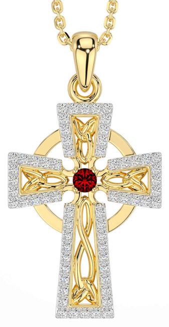 Diamond Garnet Gold Silver Celtic Cross Necklace