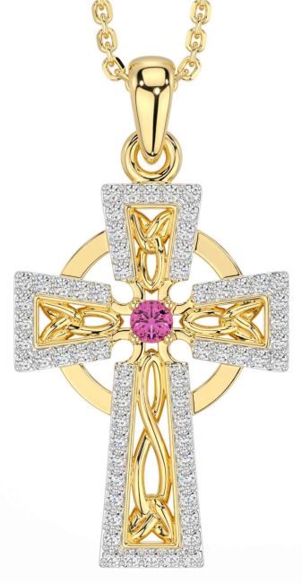 Diamond Pink Tourmaline Gold Silver Celtic Cross Necklace