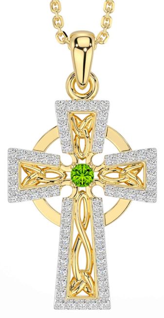 Diamond Peridot Gold Silver Celtic Cross Necklace