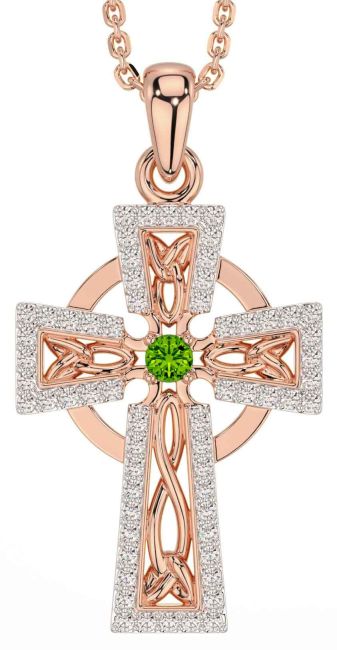 Diamond Peridot Rose Gold Celtic Cross Necklace