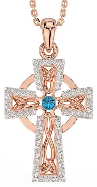 Diamond Topaz Rose Gold Celtic Cross Necklace