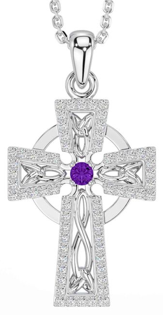 Diamond Amethyst Silver Celtic Cross Necklace