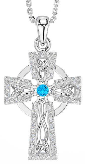 Diamond Aquamarine Silver Celtic Cross Necklace