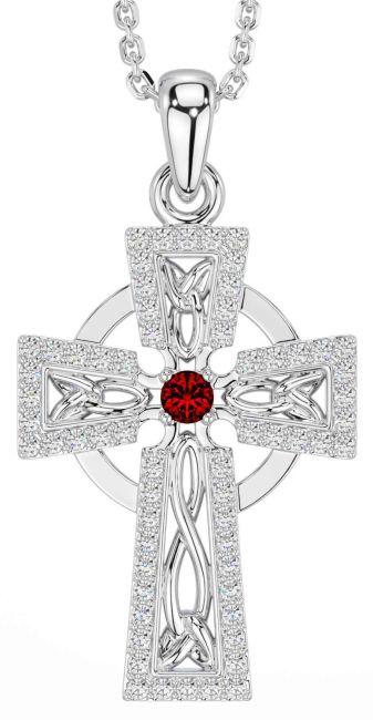 Diamond Garnet Silver Celtic Cross Necklace