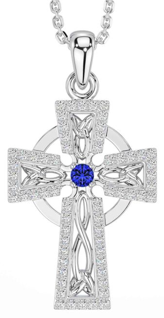 Diamond Sapphire Silver Celtic Cross Necklace