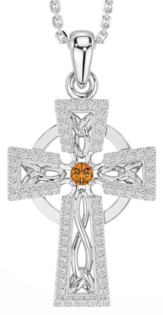 Diamond Citrine White Gold Celtic Cross Necklace