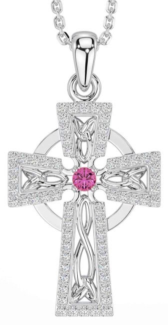 Diamond Pink Tourmaline White Gold Celtic Cross Necklace