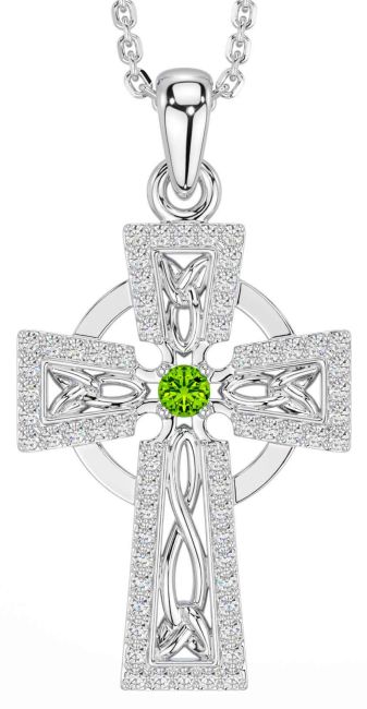 Diamond Peridot White Gold Celtic Cross Necklace