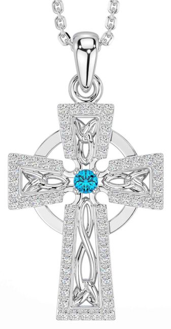 Diamond Topaz White Gold Celtic Cross Necklace