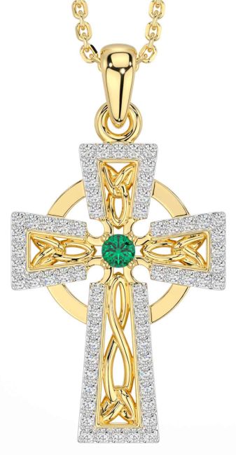 Diamond Emerald Gold Celtic Cross Necklace