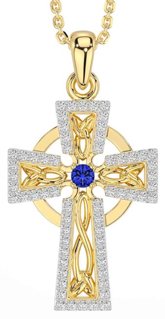 Diamond Sapphire Gold Celtic Cross Necklace
