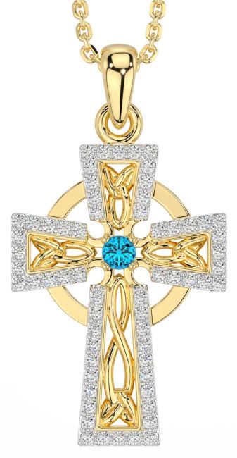 Diamond Topaz Gold Celtic Cross Necklace