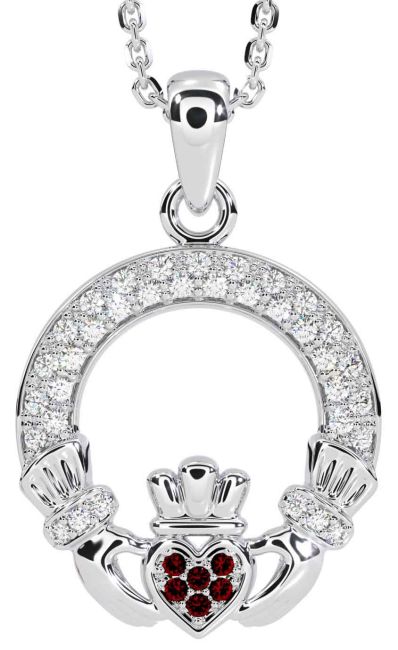 Diamond Garnet White Gold Claddagh Necklace