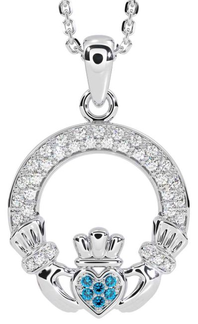Diamond Topaz White Gold Claddagh Necklace