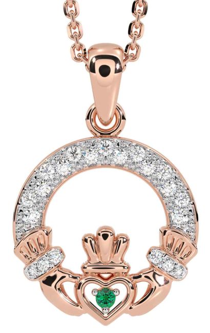 Diamond Emerald Rose Gold Claddagh Necklace