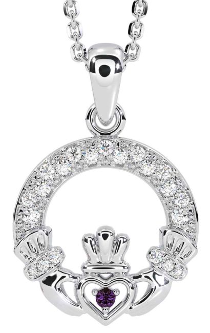 Diamond Alexandrite Silver Claddagh Necklace