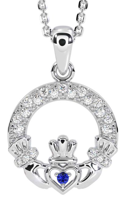 Diamond Sapphire Silver Claddagh Necklace
