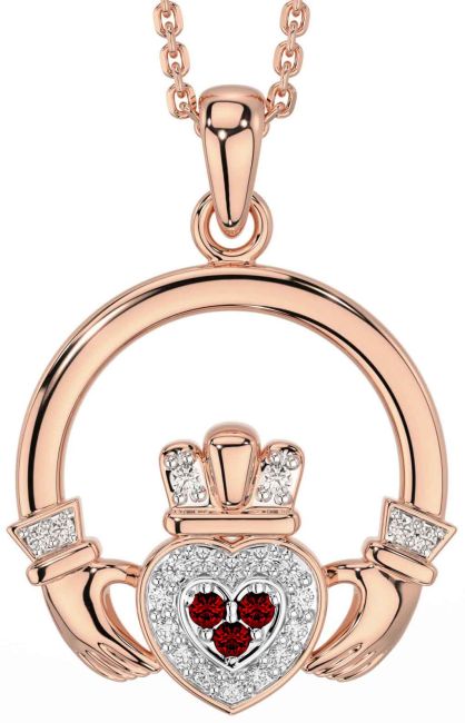 Diamond Garnet Rose Gold Silver Claddagh Necklace